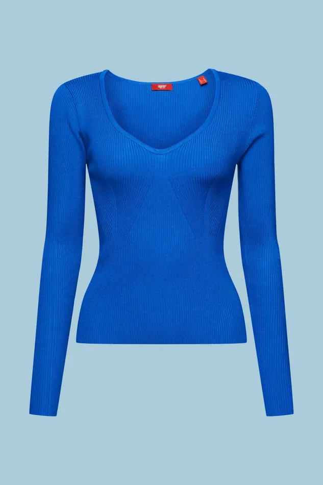 Sweaters Women Esprit RibKnit VNeck Sweater Bright Blue