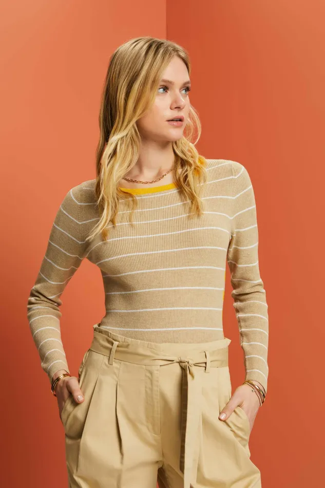 Sweaters Women Esprit Striped Knitted Cotton Jumper Sand