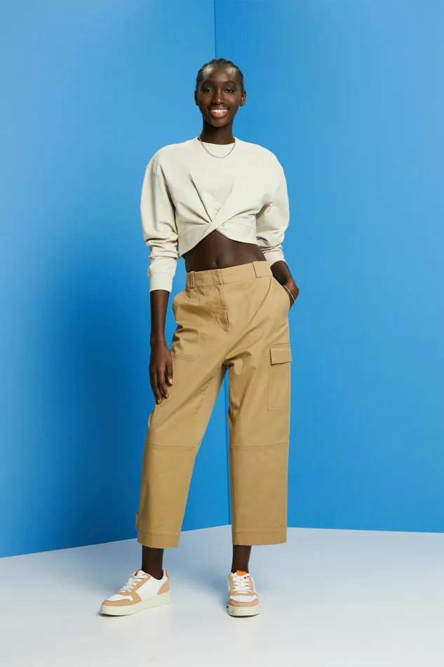 Sweatshirts Hoodies Women Esprit Cropped Knot Detail Sweatshirt Light Taupe