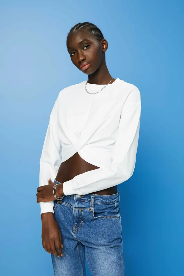 Sweatshirts Hoodies Women Esprit Cropped Knot Detail Sweatshirt White