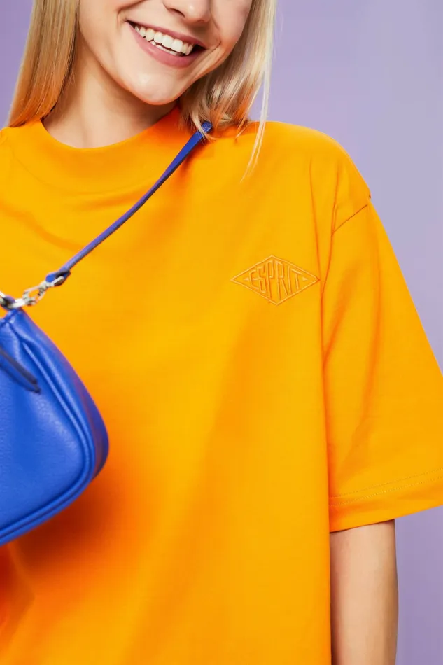 TShirts Tops Women Esprit Cotton Mock Neck Logo TShirt Golden Orange