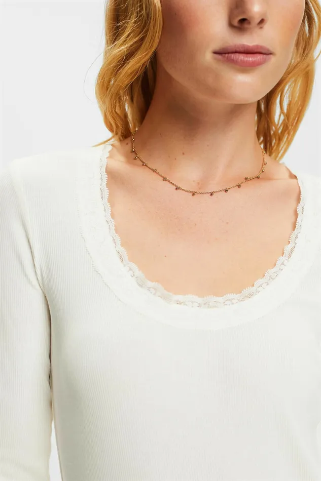 TShirts Tops Women Esprit Lace Trim Scoop Neck TShirt Off White