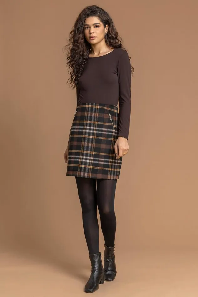 Tan Checked Zip Detail Brushed A Line Skirt Women Roman Skirts