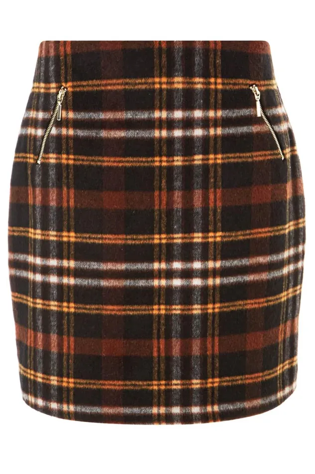 Tan Checked Zip Detail Brushed A Line Skirt Women Roman Skirts