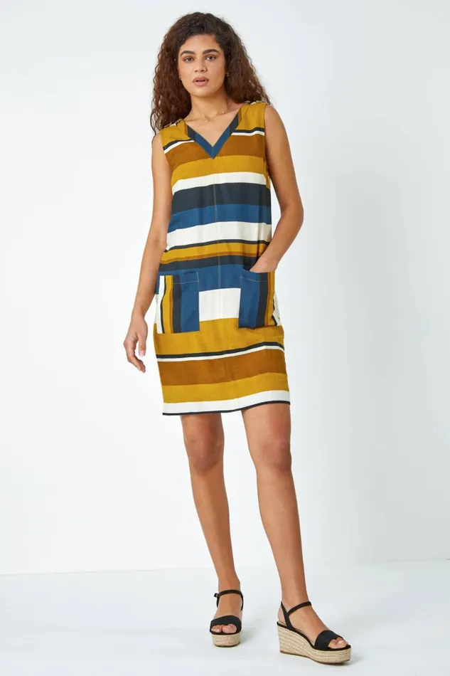 Tan Striped Cotton Blend Shift Dress Women Roman Dresses