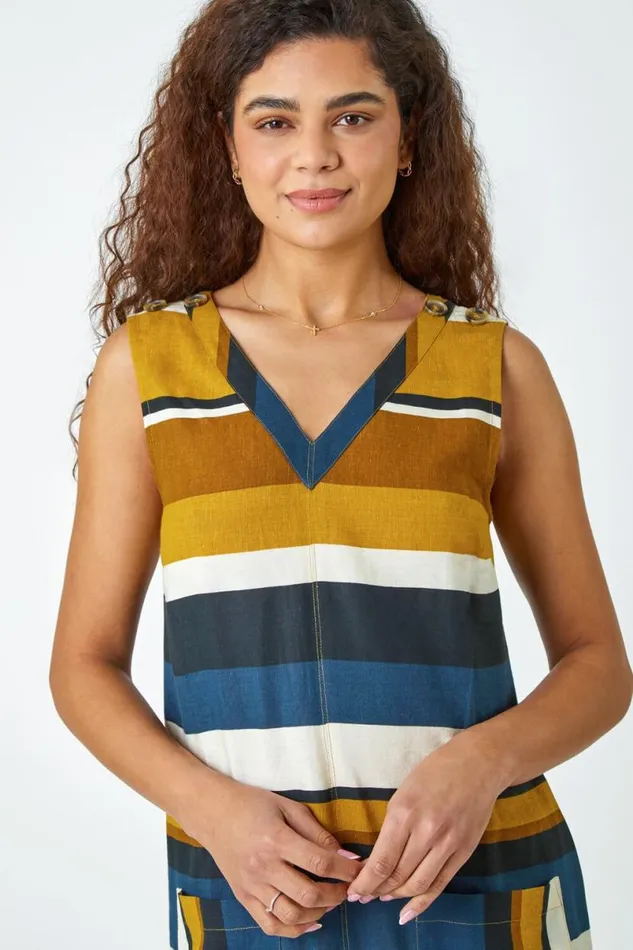 Tan Striped Cotton Blend Shift Dress Women Roman Dresses