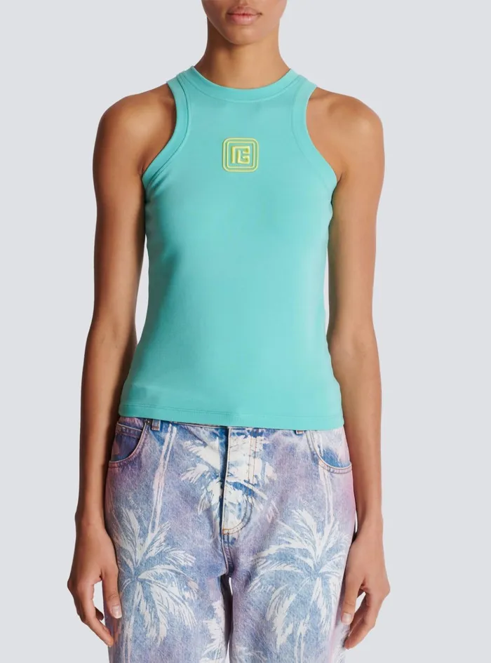 Tank Top With Retro PB Embroidery Blue Women Balmain TShirts