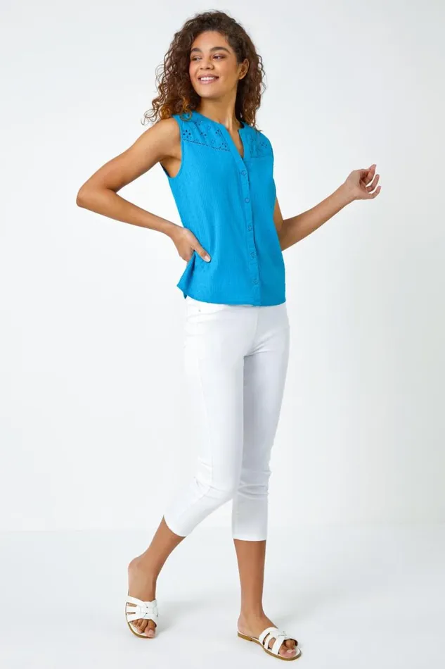 Teal Sleeveless Embroidered Cotton Blouse Women Roman Tops