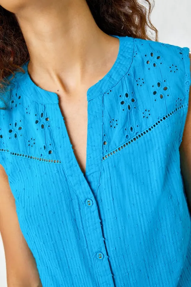 Teal Sleeveless Embroidered Cotton Blouse Women Roman Tops