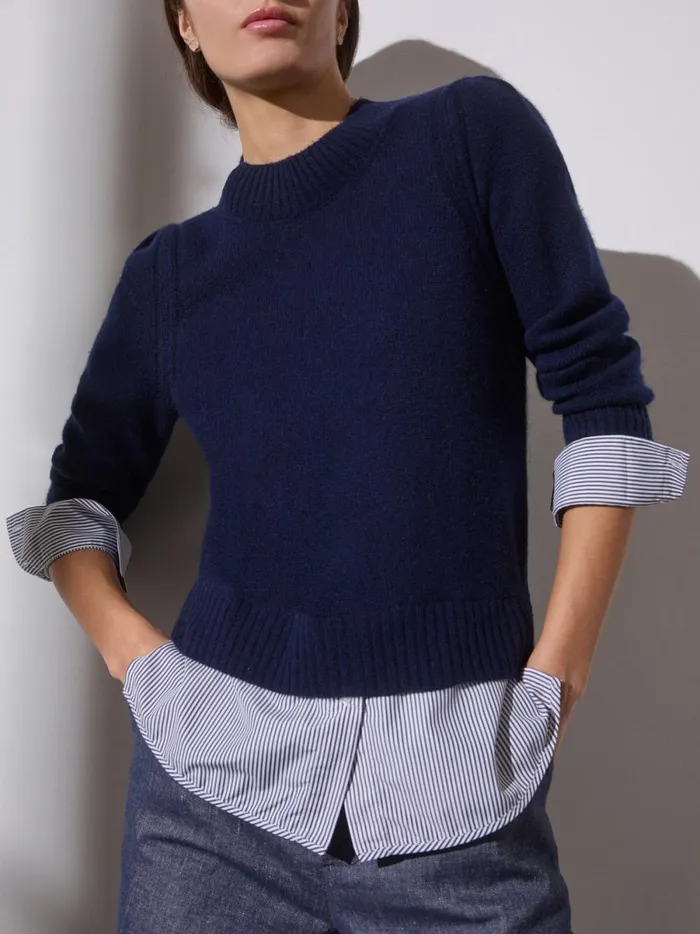 The Eton Layered Crew Looker Navy With Stripe Woven Underlayer Women Brochu Walker Sweaters