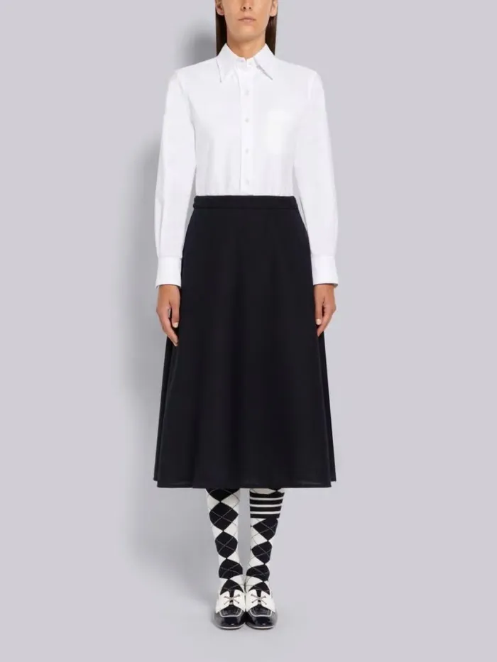 Thom Browne 2ply Fresco High Waisted Aline Below The Knee Shirtdress Navy Women Skirts