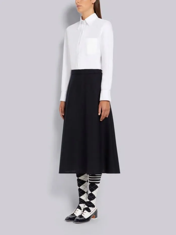 Thom Browne 2ply Fresco High Waisted Aline Below The Knee Shirtdress Navy Women Skirts