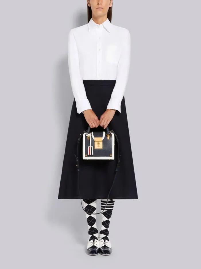 Thom Browne 2ply Fresco High Waisted Aline Below The Knee Shirtdress Navy Women Skirts