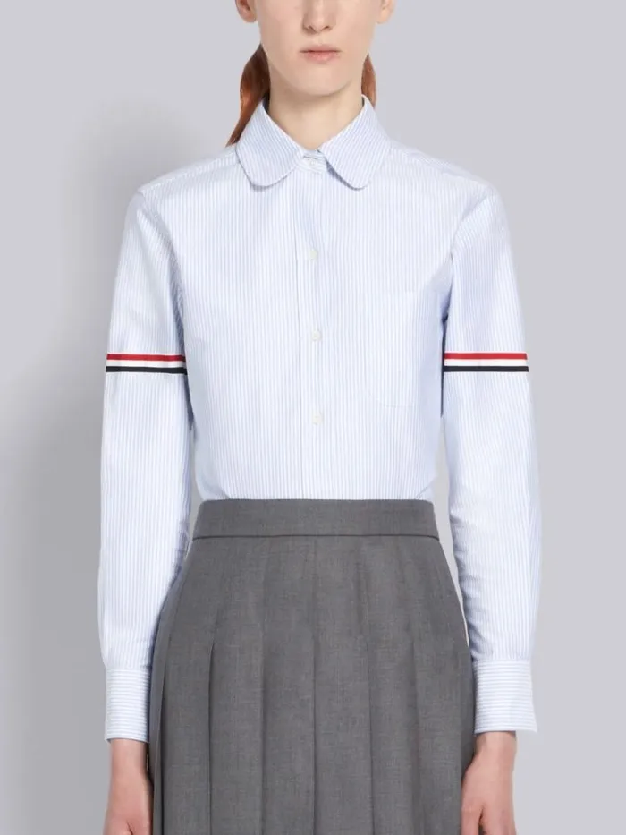 Thom Browne Blue University Stripe Oxford Grosgrain Armband Long Sleeve Shirt Light Blue Women Tops and Shirts Thom Browne Blue University Stripe Oxford Grosgrain Armband Long Sleeve Shirt Light Blue Women Tops and Shirts