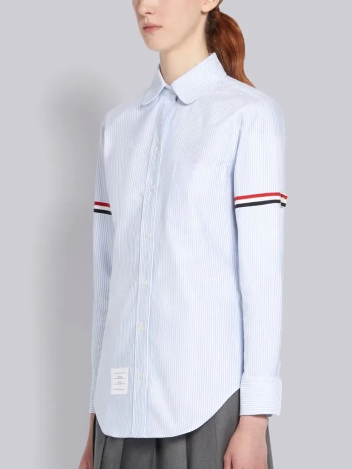 Thom Browne Blue University Stripe Oxford Grosgrain Armband Long Sleeve Shirt Light Blue Women Tops and Shirts