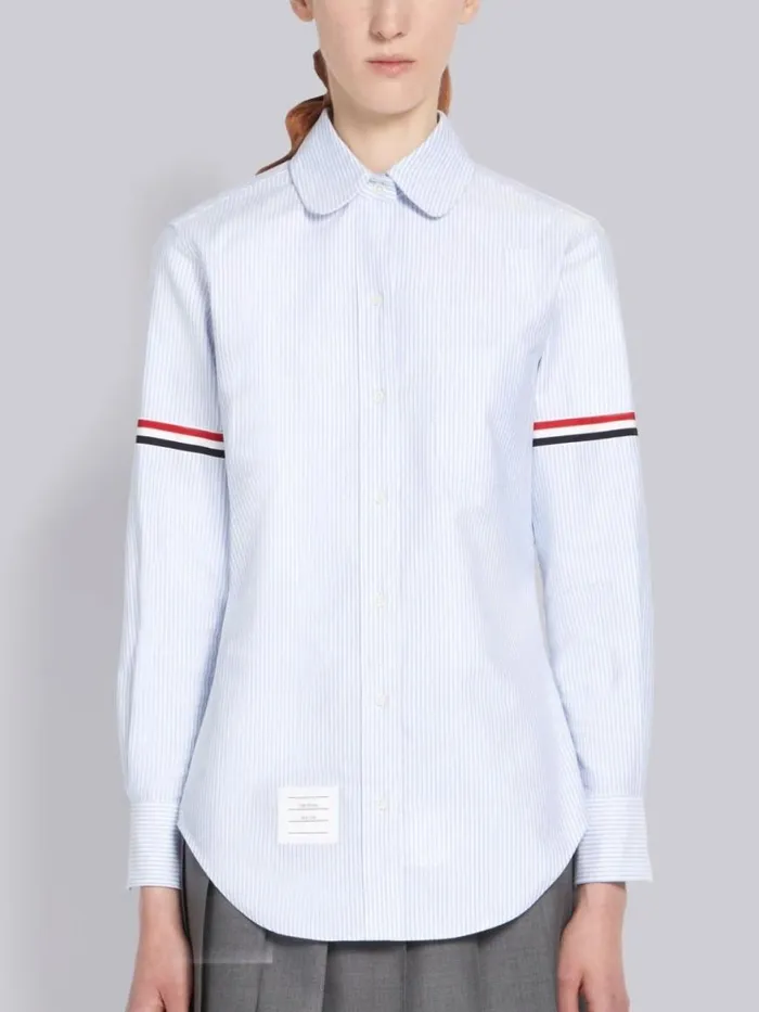 Thom Browne Blue University Stripe Oxford Grosgrain Armband Long Sleeve Shirt Light Blue Women Tops and Shirts