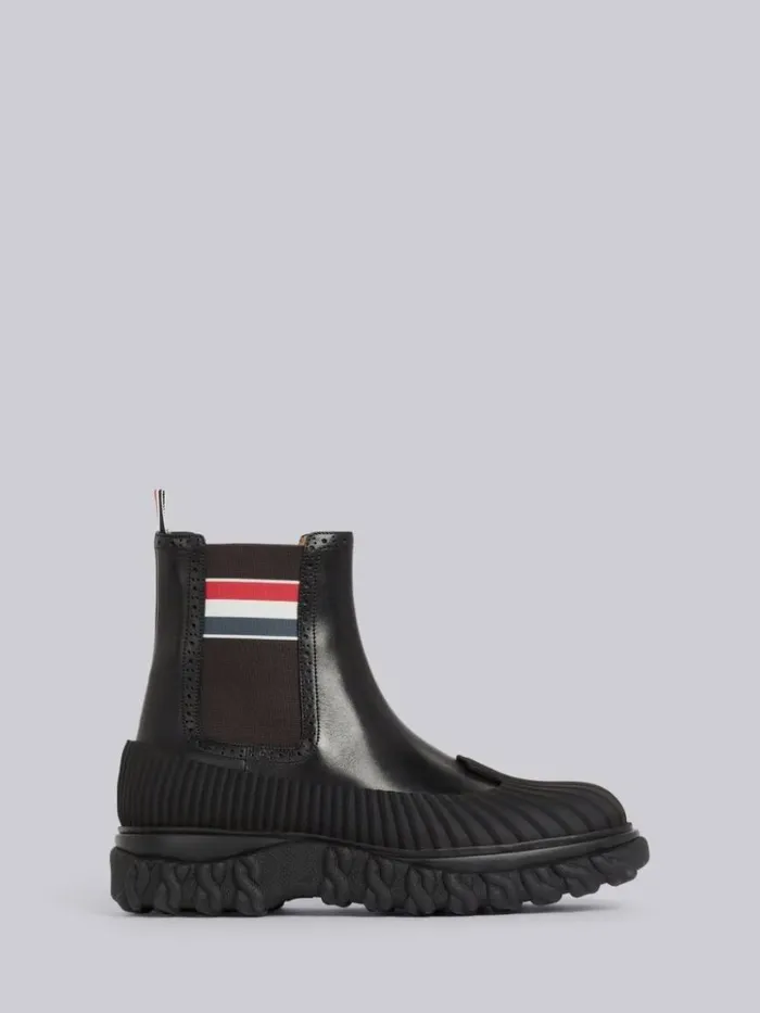 Thom Browne Calf Leather Stripe Rubber Sole Chelsea Duck Boot Black Women Boots