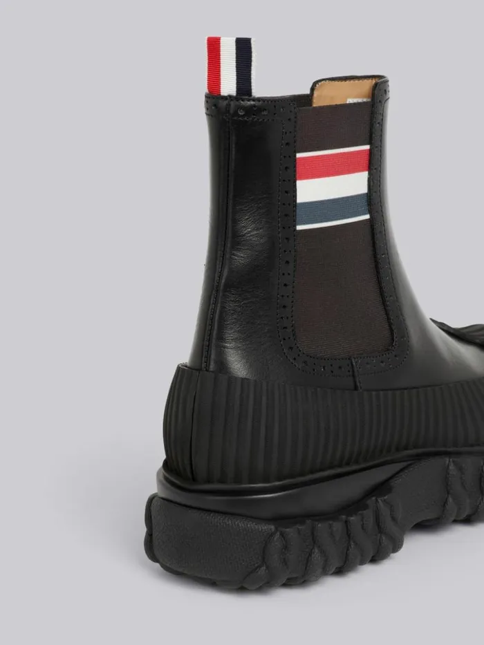 Thom Browne Calf Leather Stripe Rubber Sole Chelsea Duck Boot Black Women Boots