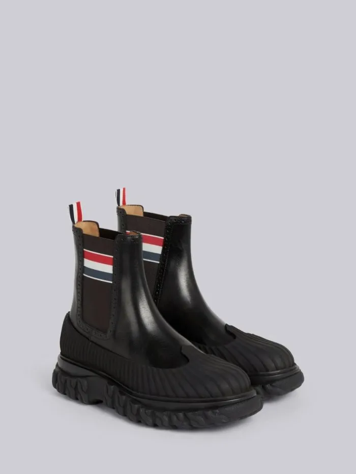 Thom Browne Calf Leather Stripe Rubber Sole Chelsea Duck Boot Black Women Boots