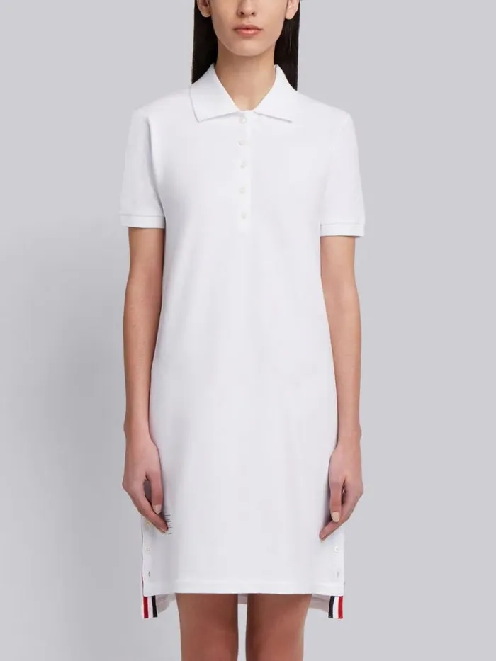 Thom Browne Classic Cotton Pique Center Back Stripe Aline Short Sleeve Polo Shirtdress White Women Dresses Thom Browne Classic Cotton Pique Center Back Stripe Aline Short Sleeve Polo Shirtdress White Women Dresses