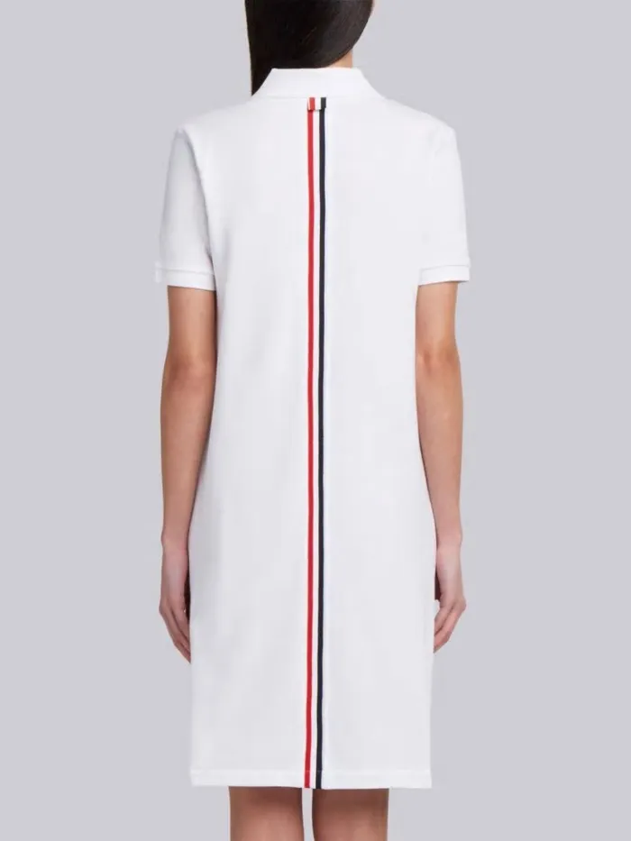 Thom Browne Classic Cotton Pique Center Back Stripe Aline Short Sleeve Polo Shirtdress White Women Dresses