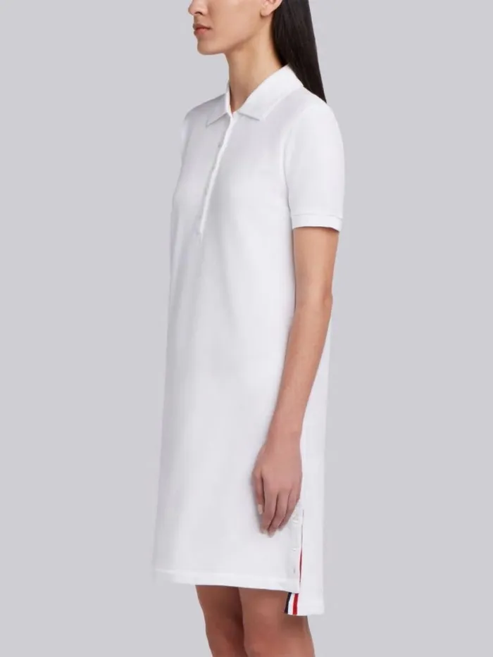 Thom Browne Classic Cotton Pique Center Back Stripe Aline Short Sleeve Polo Shirtdress White Women Dresses