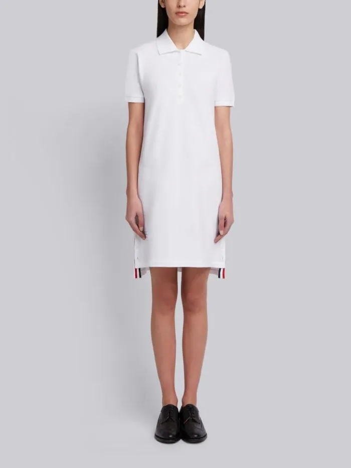 Thom Browne Classic Cotton Pique Center Back Stripe Aline Short Sleeve Polo Shirtdress White Women Dresses
