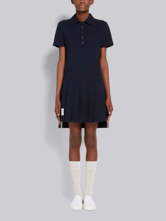 Thom Browne Classic Pique Short Sleeve Knee Length Pleated Polo Dress Navy Women Dresses Thom Browne Classic Pique Short Sleeve Knee Length Pleated Polo Dress Navy Women Dresses