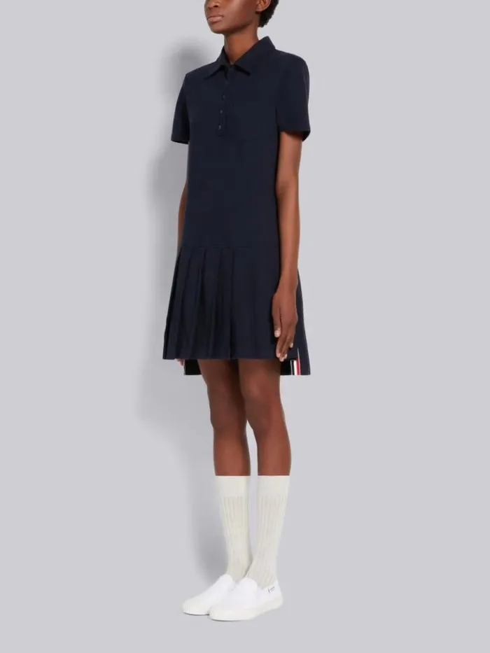 Thom Browne Classic Pique Short Sleeve Knee Length Pleated Polo Dress Navy Women Dresses