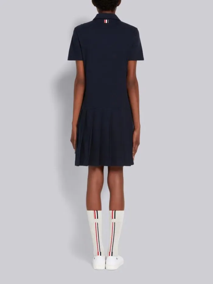 Thom Browne Classic Pique Short Sleeve Knee Length Pleated Polo Dress Navy Women Dresses