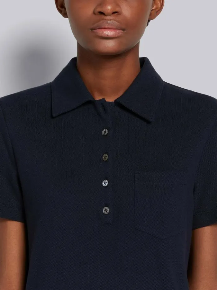 Thom Browne Classic Pique Short Sleeve Knee Length Pleated Polo Dress Navy Women Dresses