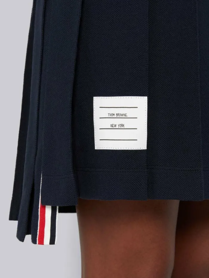 Thom Browne Classic Pique Short Sleeve Knee Length Pleated Polo Dress Navy Women Dresses