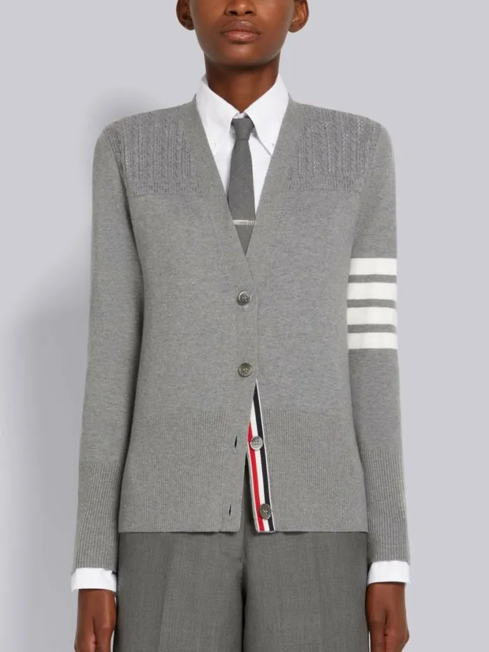 Thom Browne Cotton Hector Medallion 4bar Vneck Cardigan Light Grey Women Knitwear