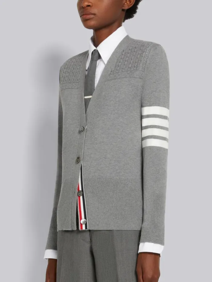 Thom Browne Cotton Hector Medallion 4bar Vneck Cardigan Light Grey Women Knitwear