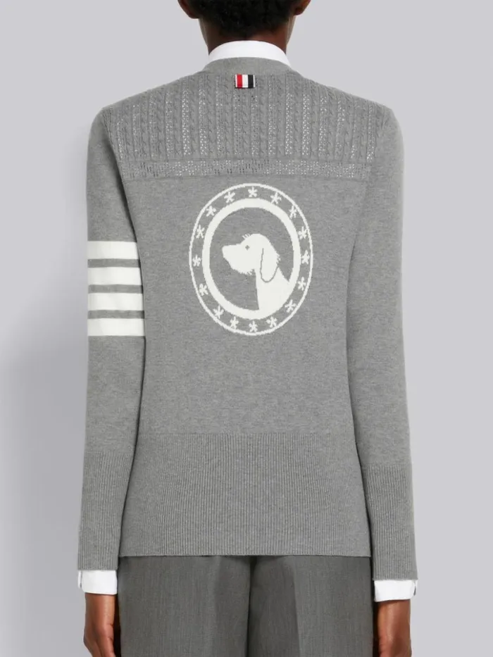 Thom Browne Cotton Hector Medallion 4bar Vneck Cardigan Light Grey Women Knitwear