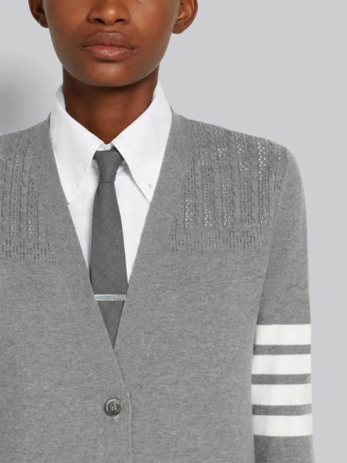 Thom Browne Cotton Hector Medallion 4bar Vneck Cardigan Light Grey Women Knitwear