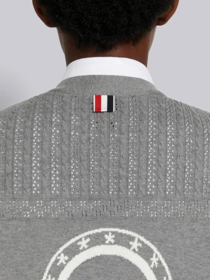 Thom Browne Cotton Hector Medallion 4bar Vneck Cardigan Light Grey Women Knitwear