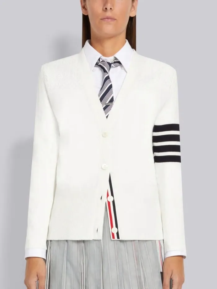 Thom Browne Cotton Hector Medallion 4bar Vneck Cardigan White Women Knitwear