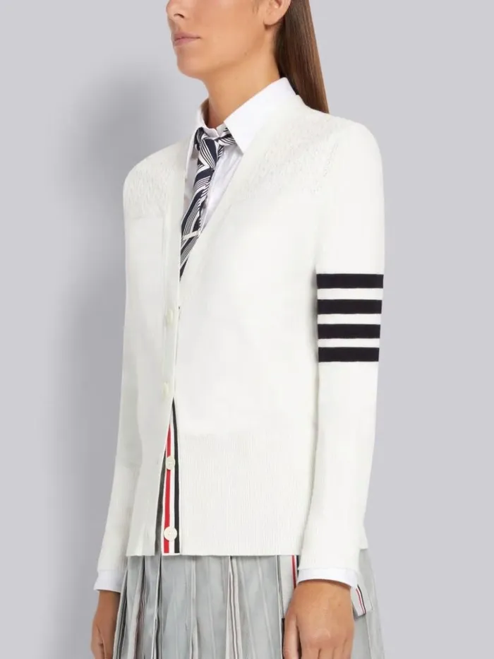 Thom Browne Cotton Hector Medallion 4bar Vneck Cardigan White Women Knitwear