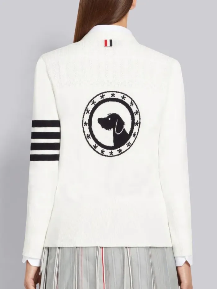 Thom Browne Cotton Hector Medallion 4bar Vneck Cardigan White Women Knitwear