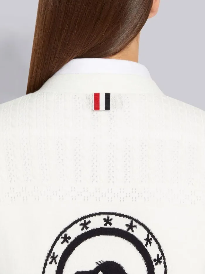 Thom Browne Cotton Hector Medallion 4bar Vneck Cardigan White Women Knitwear