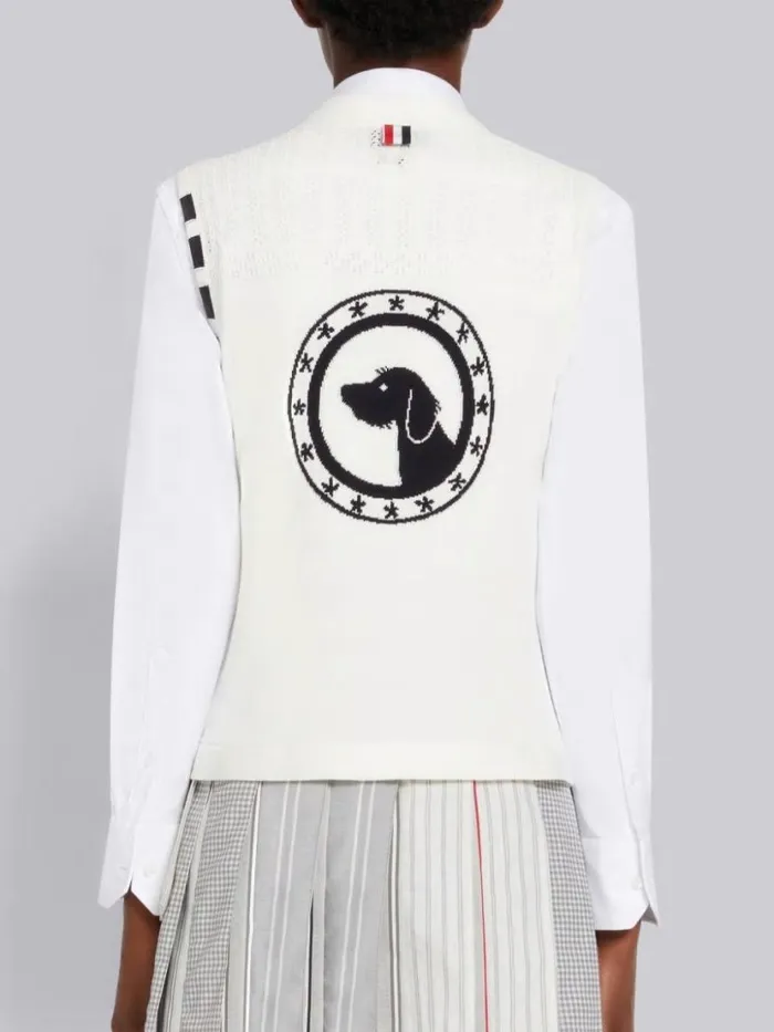 Thom Browne Cotton Hector Medallion 4bar Vneck Vest White Women Knitwear