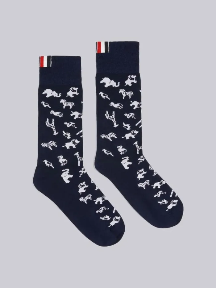 Thom Browne Cotton Multiicon Mid Calf Socks Navy Women Socks