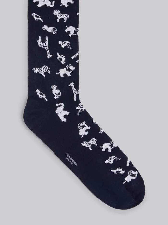 Thom Browne Cotton Multiicon Mid Calf Socks Navy Women Socks Thom Browne Cotton Multiicon Mid Calf Socks Navy Women Socks