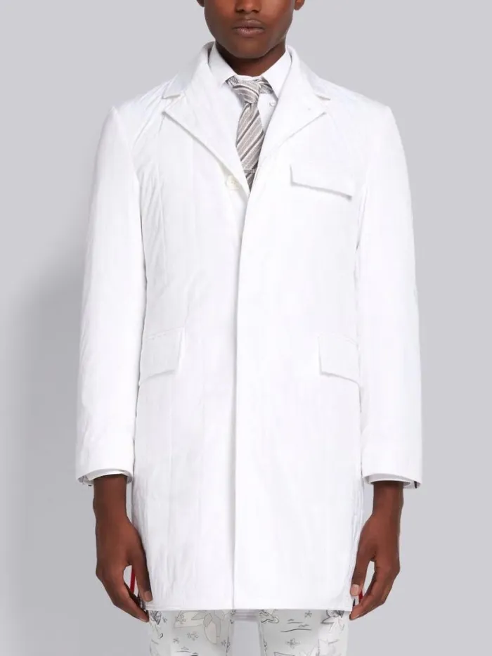 Thom Browne Down Filled Poly Twill Center Back Stripe Classic Chesterfield Overcoat White Men Outerwear Thom Browne Down Filled Poly Twill Center Back Stripe Classic Chesterfield Overcoat White Men Outerwear