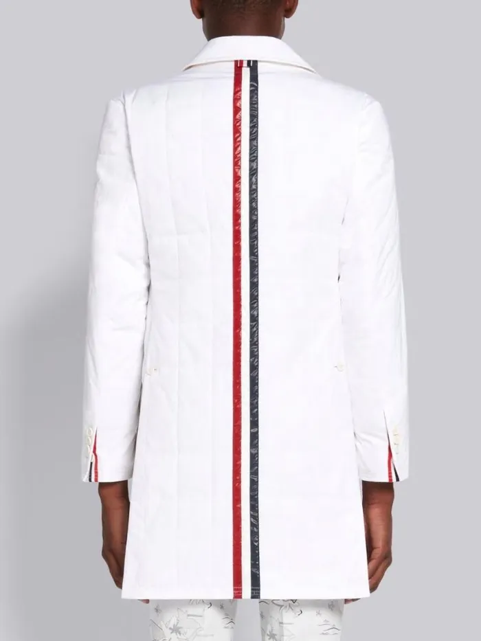 Thom Browne Down Filled Poly Twill Center Back Stripe Classic Chesterfield Overcoat White Men Outerwear