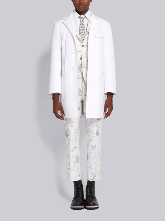 Thom Browne Down Filled Poly Twill Center Back Stripe Classic Chesterfield Overcoat White Men Outerwear