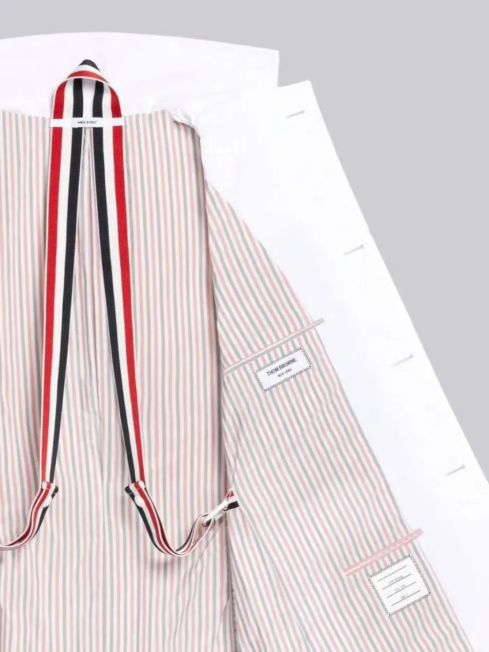 Thom Browne Down Filled Poly Twill Center Back Stripe Classic Chesterfield Overcoat White Men Outerwear