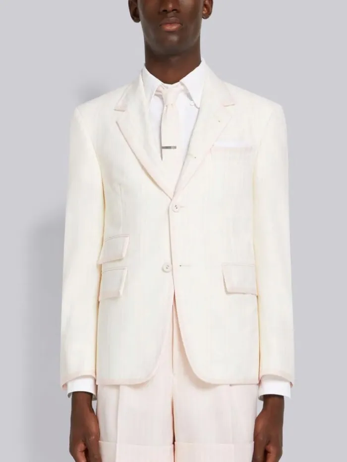 Thom Browne Dual Stripe Twist Yarn Suiting Tipping Single Vent Sport Coat Light Pink Men Jackets and Suiting Thom Browne Dual Stripe Twist Yarn Suiting Tipping Single Vent Sport Coat Light Pink Men Jackets and Suiting