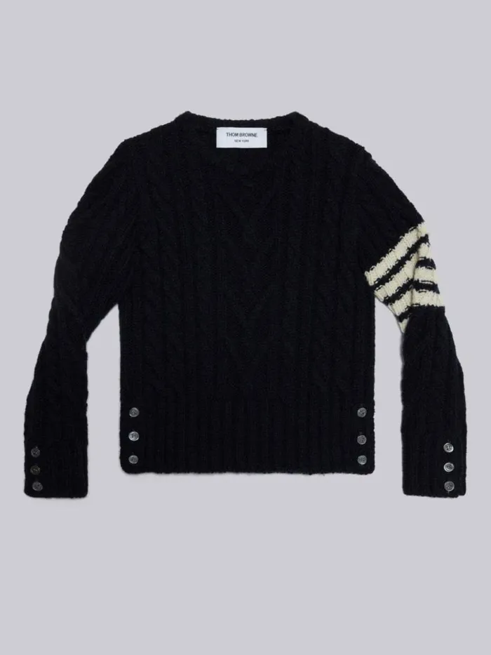 Thom Browne Fine Merino Mohair Tweed 4bar Aran Cable Crew Neck Pullover Navy GirlsBoys Knitwear Thom Browne Fine Merino Mohair Tweed 4bar Aran Cable Crew Neck Pullover Navy GirlsBoys Knitwear